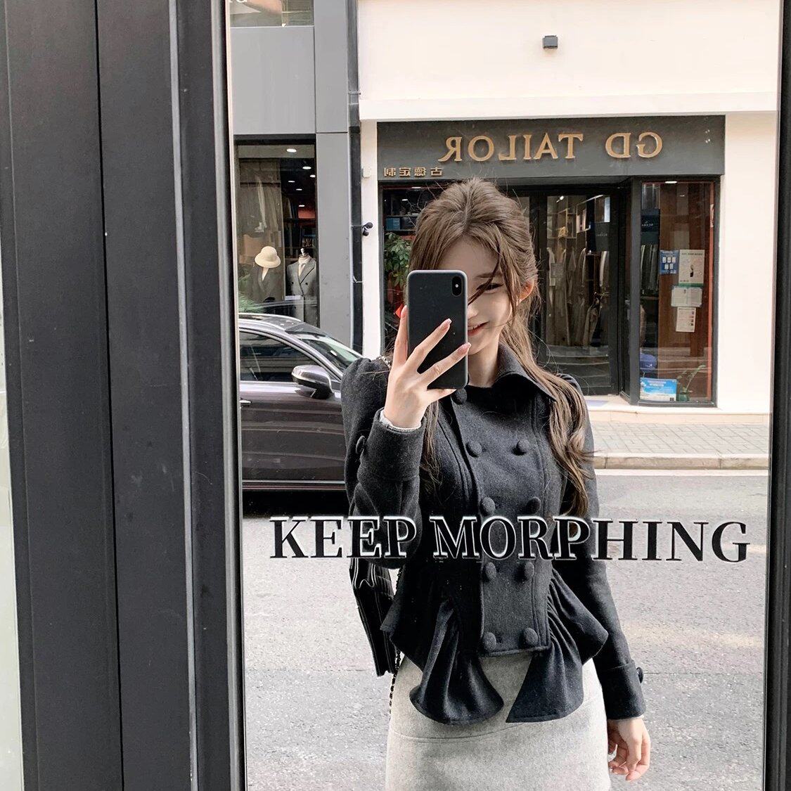 JMSHOP 都柏林千金 双排扣毛呢上衣外套女半裙两件套套装