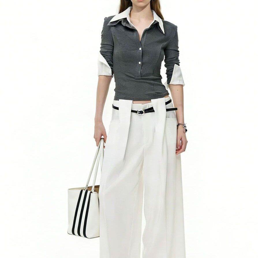 原版质量法式撞色假两件polo衫2026春季修身显瘦长袖T恤智性