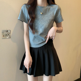 欧货洋气高腰显瘦上衣女 实拍实价美式 正肩纯棉短袖 t恤女夏季 新款