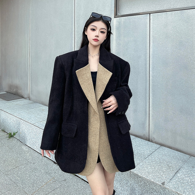 实拍实价 黑色加厚毛呢西装外套女冬季拼色高级感宽松呢子大衣