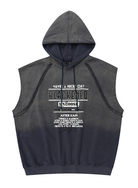 复古字母标语渐变洗水连帽马甲卫衣