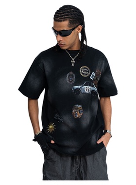 复古水洗做旧300g喷漆机车直喷字母印花短袖T恤男女街头