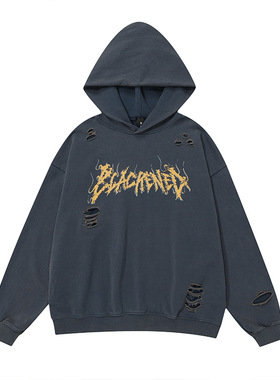 爆裂岩浆主题字体印花复古水洗做旧磨破连帽衫