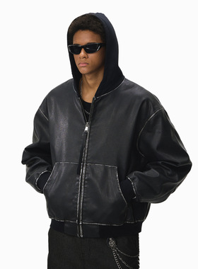 Boxy洗水皮夹克25冬季新品美式街头做旧拼接连帽外套男