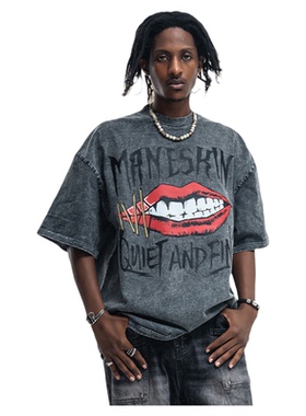 美式潮牌洗水复古做旧嘴唇印花短袖宽松T恤男花灰色