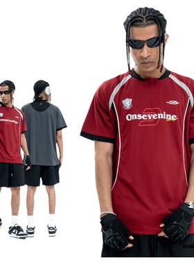 美式复古球衣t恤男夏季拼接速干网眼赛车服短袖拼接冰球服