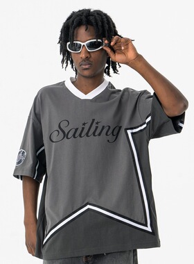 春夏新品潮牌复古潮流撞色拼接v领宽松短袖T恤男女