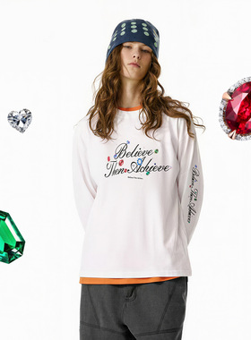 水晶幸运长袖T恤25秋季新品字母宝石印花重磅圆领上衣