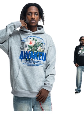 美式高街花灰色花文字印花加绒秋冬连帽卫衣潮牌宽松连帽衫