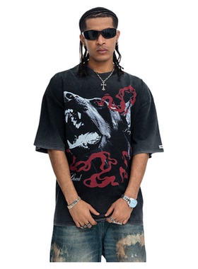 美式潮牌洗水复古做旧杜宾犬印花短袖宽松T恤男花灰色