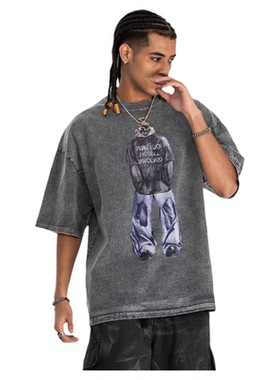 水洗重磅美式复古休闲日常T恤男女宽松落肩纯棉短袖紫色