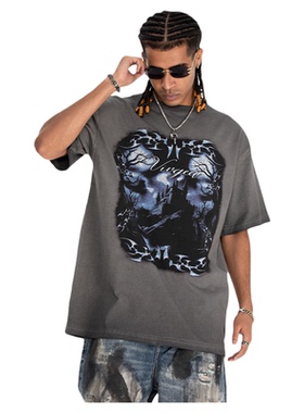 男士做旧破洞反炒洗水做旧磨烂T恤美式复古潮流短袖上衣