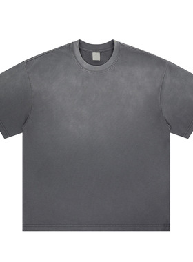 2026春夏新款美式潮牌纯色渐变喷色重磅圆领短袖T恤男女