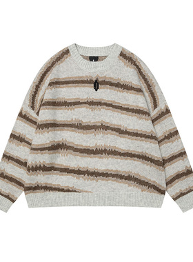 不规则条纹刺绣圆领毛衣