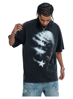 春夏国潮牌美式复古洗水星星做旧印花落肩宽松版情侣T恤潮