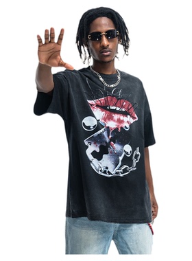 喷马骝渐变印花短袖t恤潮牌美式高街设计感印花上衣情侣