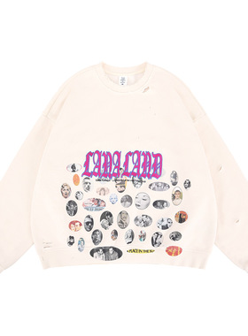 新品潮牌欧美勋章印花破坏破洞杏色加绒圆领卫衣男