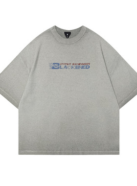 美式复古灰色针织t恤230克重复古褪色印花cleanfit半袖