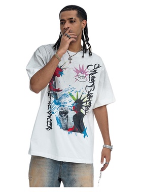 美式街潮重磅喷漆褪色纯棉300g卡通印花男式宽松休闲短袖