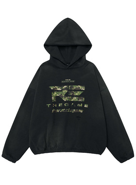 计划重启主题印花喷绘水洗复古做旧磨破迷彩贴布拼接连帽衫