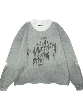 异变空间主题印花手工喷绘破坏扯烂圆领毛衣