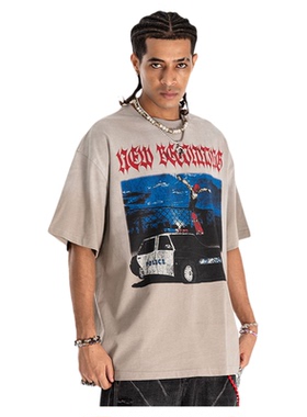 水洗重磅美式复古休闲日常T恤男女宽松落肩纯棉短袖紫色