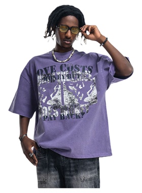 美式复古洗水做旧印花纯棉短袖T恤男女街头宽松潮牌情侣