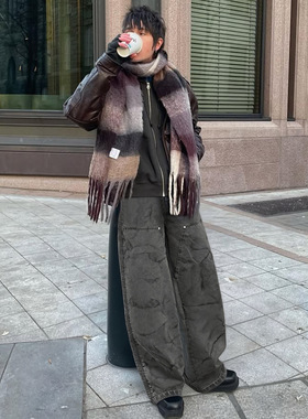 水波纹洗水伐木裤25秋冬新品街头皱感铆钉工装休闲裤男