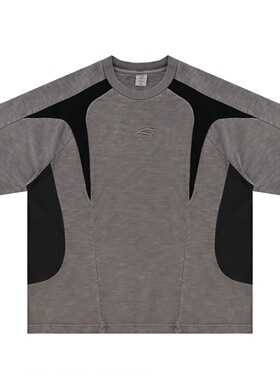 春夏新品美式重磅插肩袖复古撞色半袖潮牌短袖T恤男