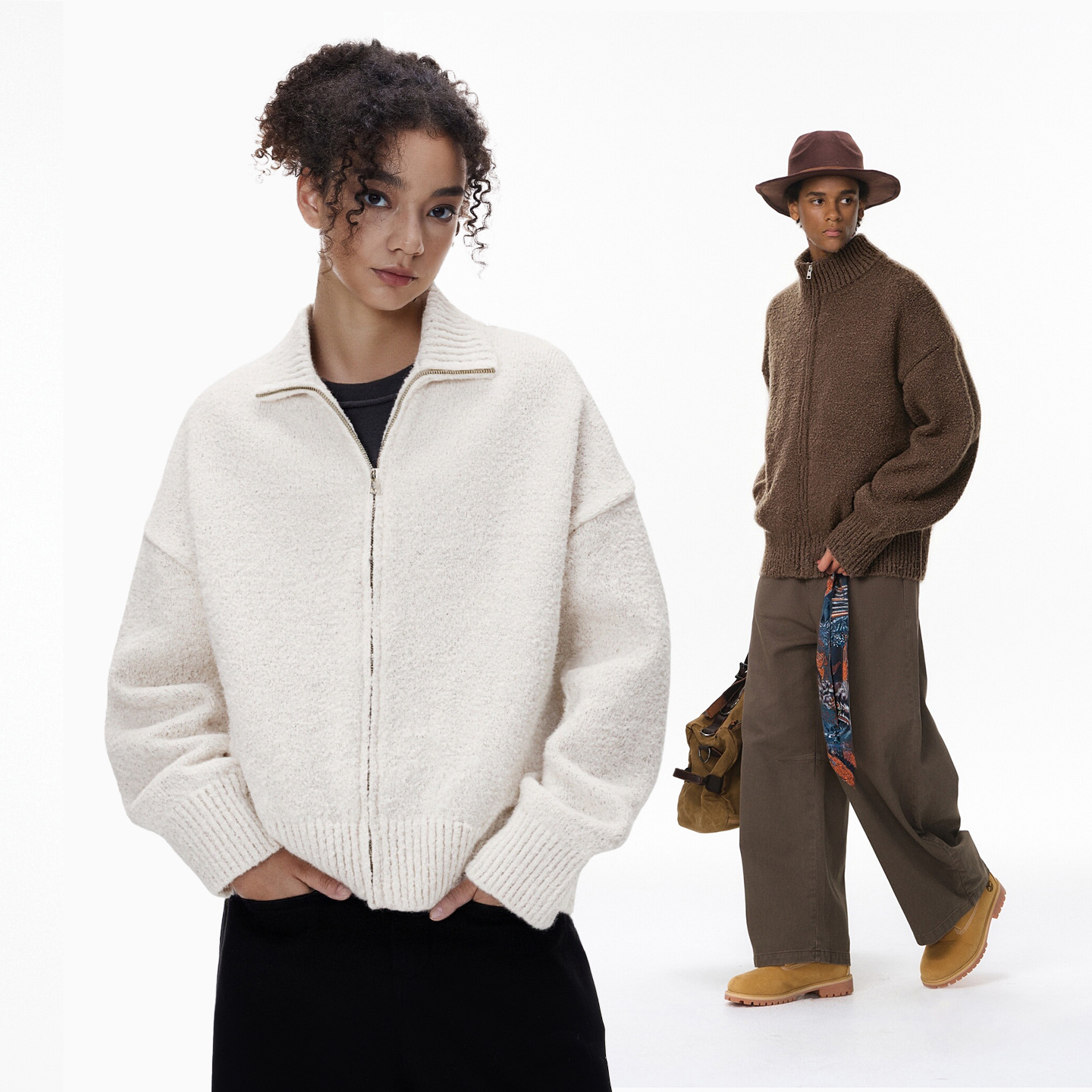 老钱立领毛衣外套25冬季新品美式复古复古保暖针织外套