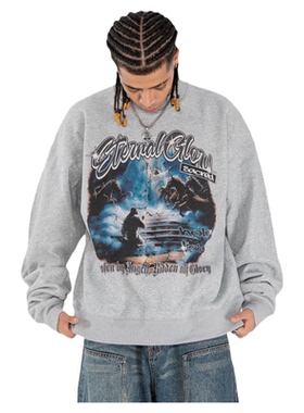 秋冬加绒卫衣美式街头潮牌圆领复合上帝直喷印花花灰色