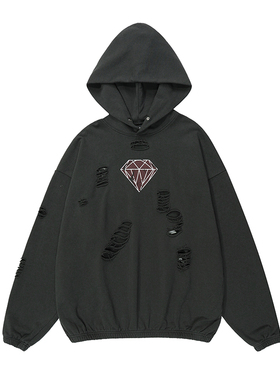 红钻之战主题裂纹印花洗水做旧磨烂连帽衫