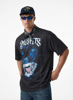 美式街头复古球服圆领T恤2026夏季新款印花街头潮牌上衣