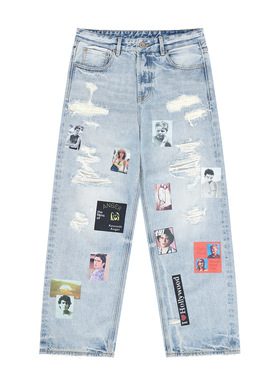 2025秋冬新款美式潮牌破洞人像印花小众直筒牛仔裤长裤