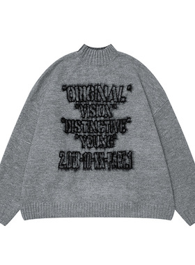 秋冬美式复古潮牌毛衣慵懒风小圆领情侣针织上衣重磅毛衣男