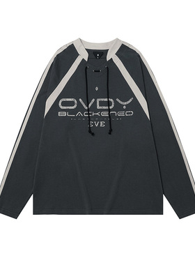 复古运动风抽绳设计足球领插肩印花长袖