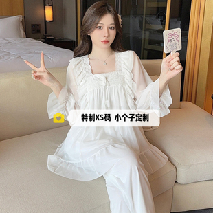 秋季150cm矮小个子网纱蕾丝花边睡衣女方领长袖长裤套装家居服xs
