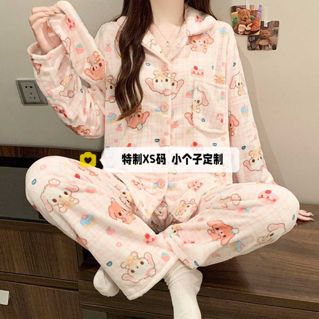 秋冬加厚法兰绒保暖睡衣套装XS
