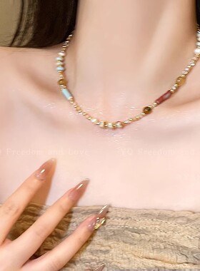 甜美多巴胺米珠珍珠圆柱串珠项链时尚气质小众锁骨链个性