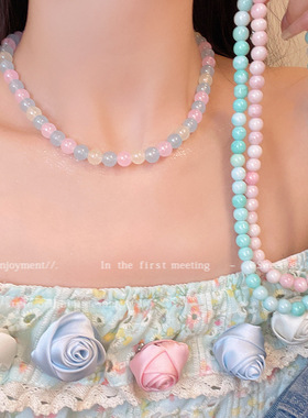 韩系多巴胺项链彩色串珠锁骨链网红小众闺蜜夏日小众甜美可爱配饰