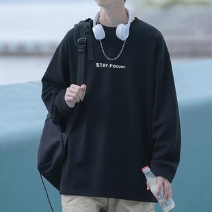 港风印花长袖T恤男秋款原宿风大码潮牌上衣青少年休闲宽松打底衫