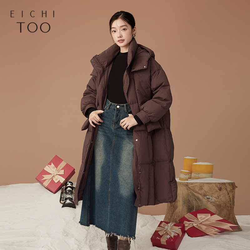 爱居兔冬季新款时尚红棕色氛围感中长款羽绒服