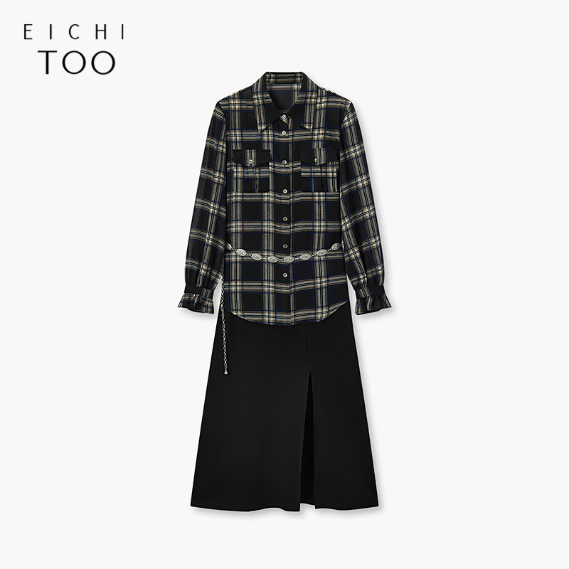 爱居兔两件式连衣裙夏季新款女格子外套搭配针织吊带长裙