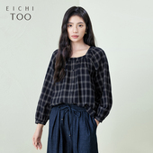 新款 女春季 百搭气质格子方领上衣 衬衫 爱居兔复古港风长袖