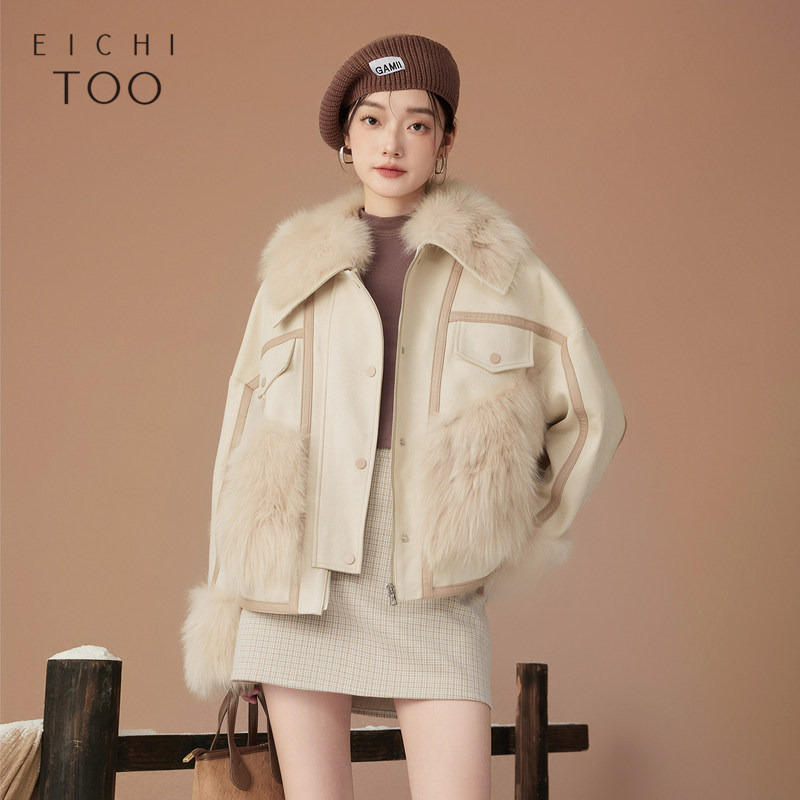 爱居兔冬季新款狐狸毛拼接设计高级时尚皮草外套
