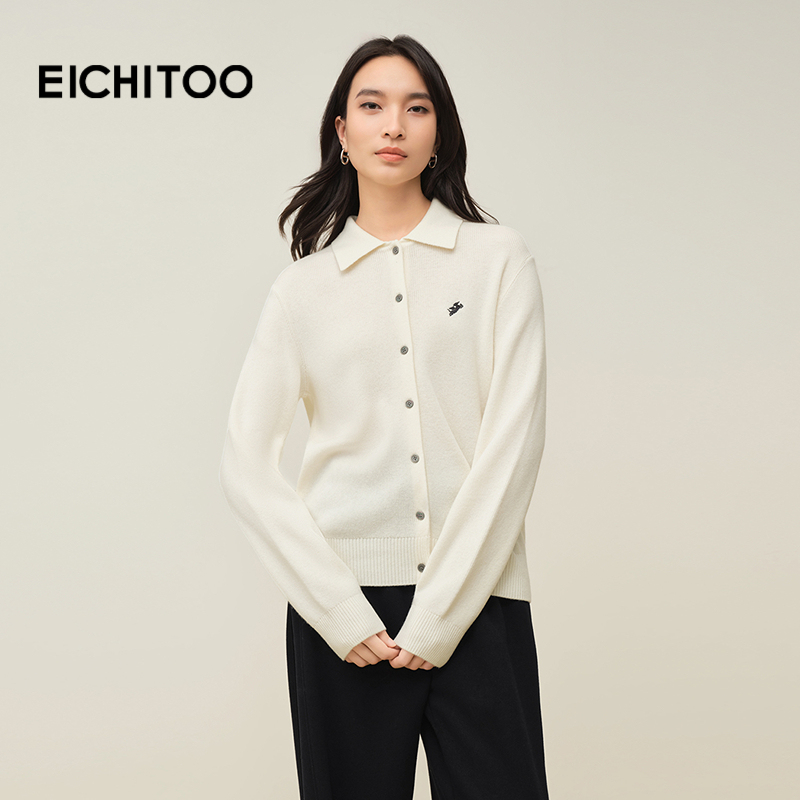 爱居兔简约高级米白针织开衫2025年冬季新款女保暖舒适长袖