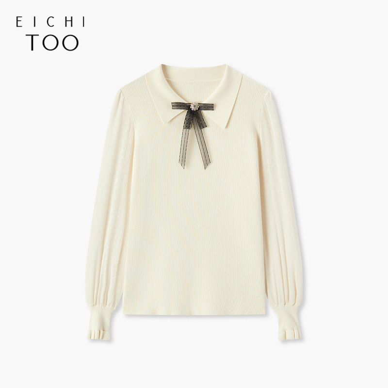 爱居兔长袖针织衫女秋季新款浅色修身套头毛衫简约大气上衣