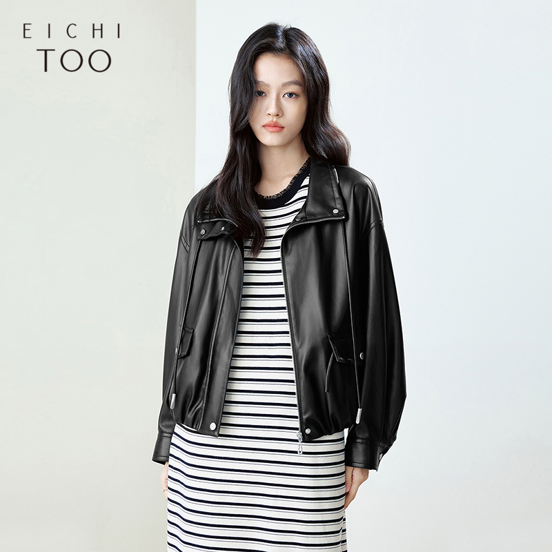 爱居兔复古黑色皮衣外套女2025年春季新款宽松机车休闲短款皮夹克