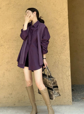紫色长袖衬衫女2024秋季新款高级感宽松显瘦中长款遮屁股衬衣外套