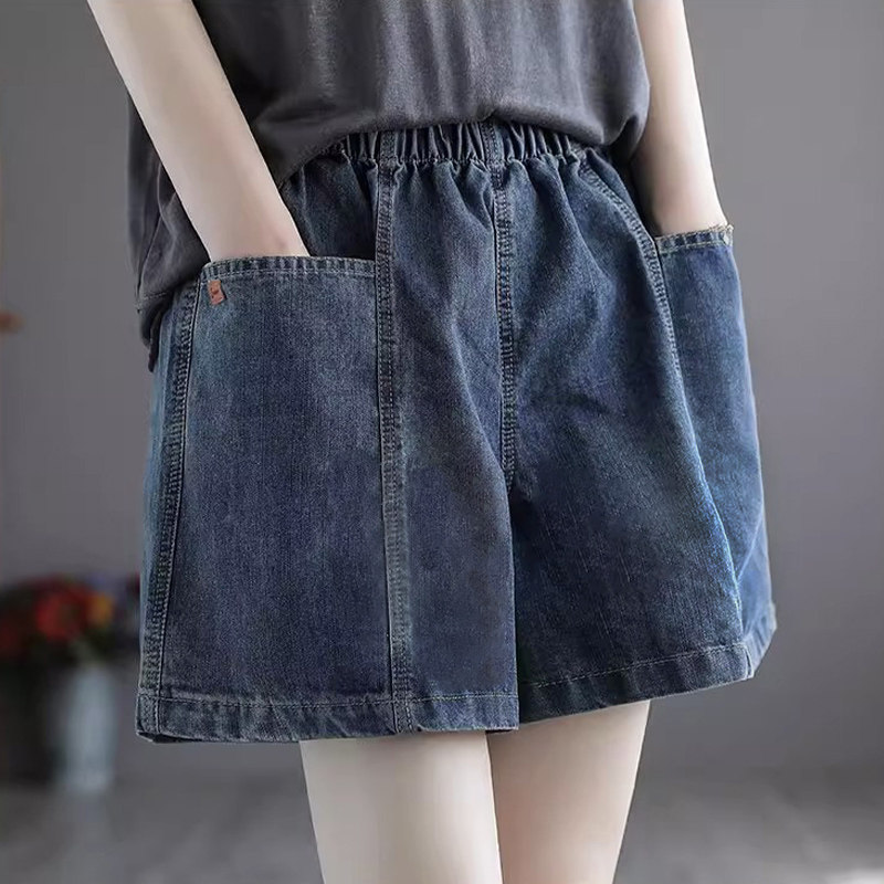 松紧腰牛仔短裤女夏季2025新款复古文艺高腰大码胖MM薄款阔腿裤子